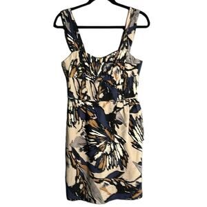 Trina Turk Blue and Tan Print Strappy Silk Dress Sweetheart Neck Size 6